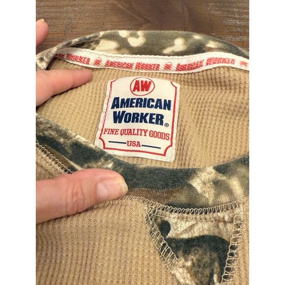 American Worker Shirt Mens XL Tan Thermal Waffle Knit Camo Trim Long Sleeve - Picture 3 of 9